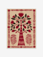 Red Tree of Life botanical folk art print with stylized flowers and leaves, framed by a decorative red border.