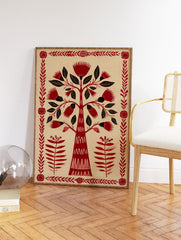 Red Tree of Life botanical folk art print with stylized flowers and leaves, framed by a decorative red border. - Image 2