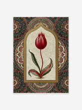 Red tulip flower print with green leaves inside a gold Islamic arch and ornate floral border