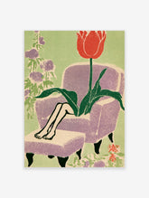 Surreal red tulip growing from a purple armchair with bare legs and green hollyhocks