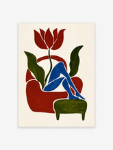 Red tulip and blue seated figure art print on cream background
