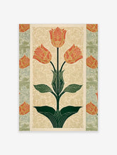 Red tulip flower botanical art print with green leaves and cream scrollwork background