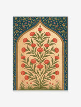 Red tulip botanical print with green leaves and blue decorative border on cream background