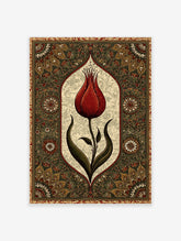 Red tulip botanical art print with ornate green border and cream marbled arch