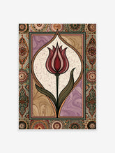 Red tulip flower with pointed petals and curved leaves inside an ornate Islamic tile border on cream background