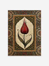 Red tulip with curled leaves in an ornate Islamic floral border on cream textured paper