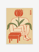 Red tulip flower figure seated on armchair with footstool, beige background, red and green line art