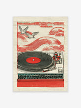 Red turntable with black vinyl record, two flying birds, and red wave patterns in illustrative style