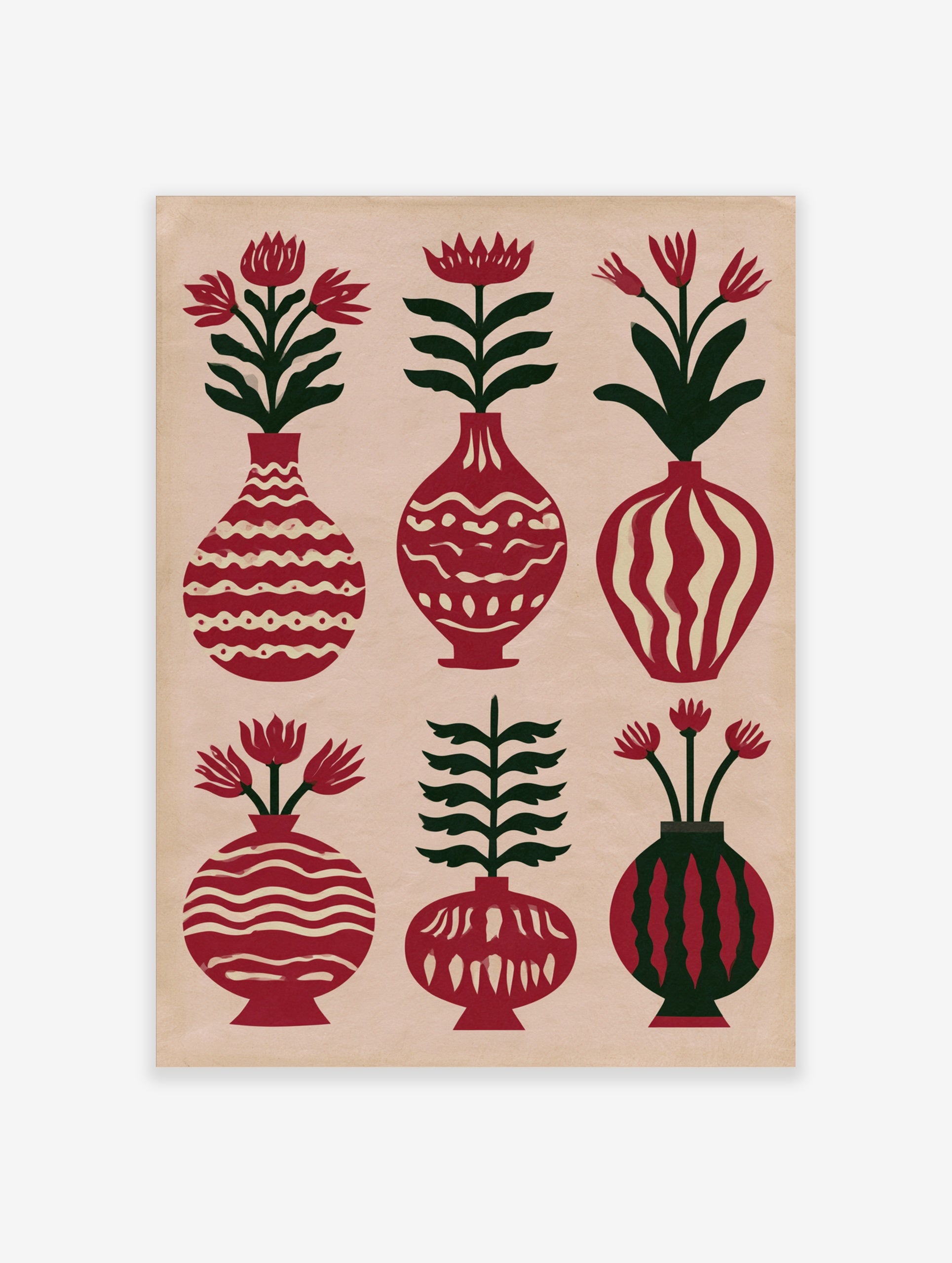 A folk art botanical poster showing six vases with flowers and leaves in red and green on a cream background