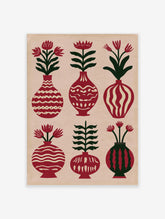 A folk art botanical poster showing six vases with flowers and leaves in red and green on a cream background