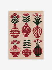 A folk art botanical poster showing six vases with flowers and leaves in red and green on a cream background