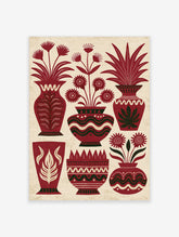 Illustrative red vase wall art with stylized flowers and leafy plants on a textured cream background