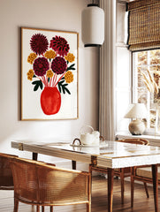 Illustrated red vase with dahlias and yellow flowers on a white background, in a styled room mockup
