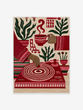 Illustrative red wall art print featuring a turntable, coffee cup, and potted plants on a neutral background