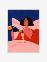 Red wine poster of a woman in a red robe pouring a drink into a glass while resting on pink pillows against a deep blue