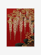 Red Wisteria Poster featuring elegant gold wisteria flowers and leaves on a textured red background with dark base elements.