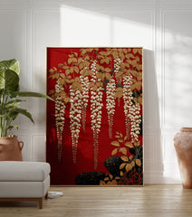 Red Wisteria Poster featuring elegant gold wisteria flowers and leaves on a textured red background with dark base elements. - Image 3