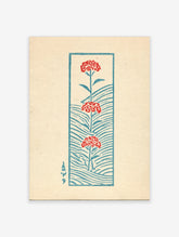 Red yarrow flower poster with three red blooms and blue wave lines on cream paper