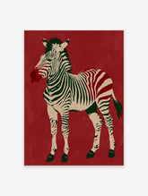 Red zebra art print with dark green stripes and red hindquarters on a deep red background