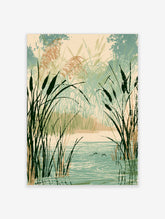 Reed and cattail marsh art print with teal water, green stems, and beige sky