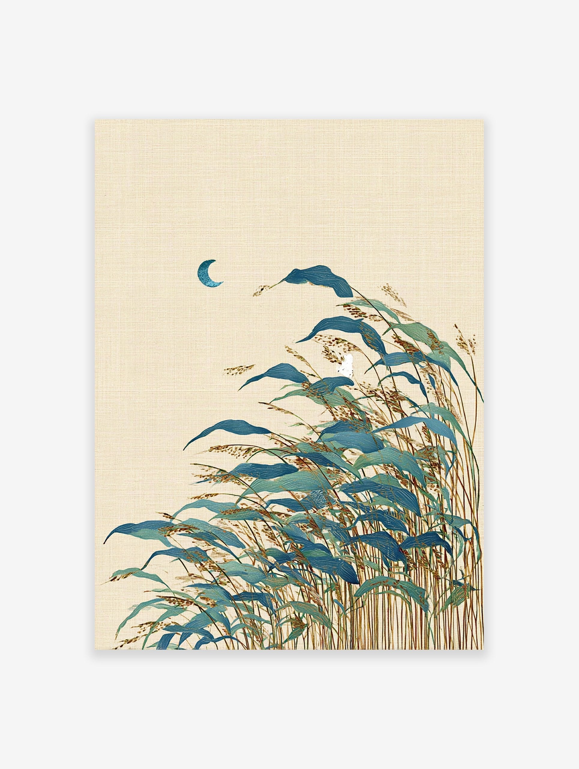 Illustrative reed grass wall art print with blue-green leaves and seed heads, featuring a small crescent moon on a textured cream background.