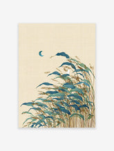 Illustrative reed grass wall art print with blue-green leaves and seed heads, featuring a small crescent moon on a textured cream background.