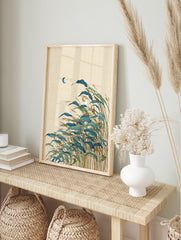 Illustrative reed grass wall art print with blue-green leaves and seed heads, featuring a small crescent moon on a textured cream background. - Image 3