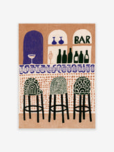 Retro bar poster with three patterned stools, green bottles, and BAR sign on terracotta background
