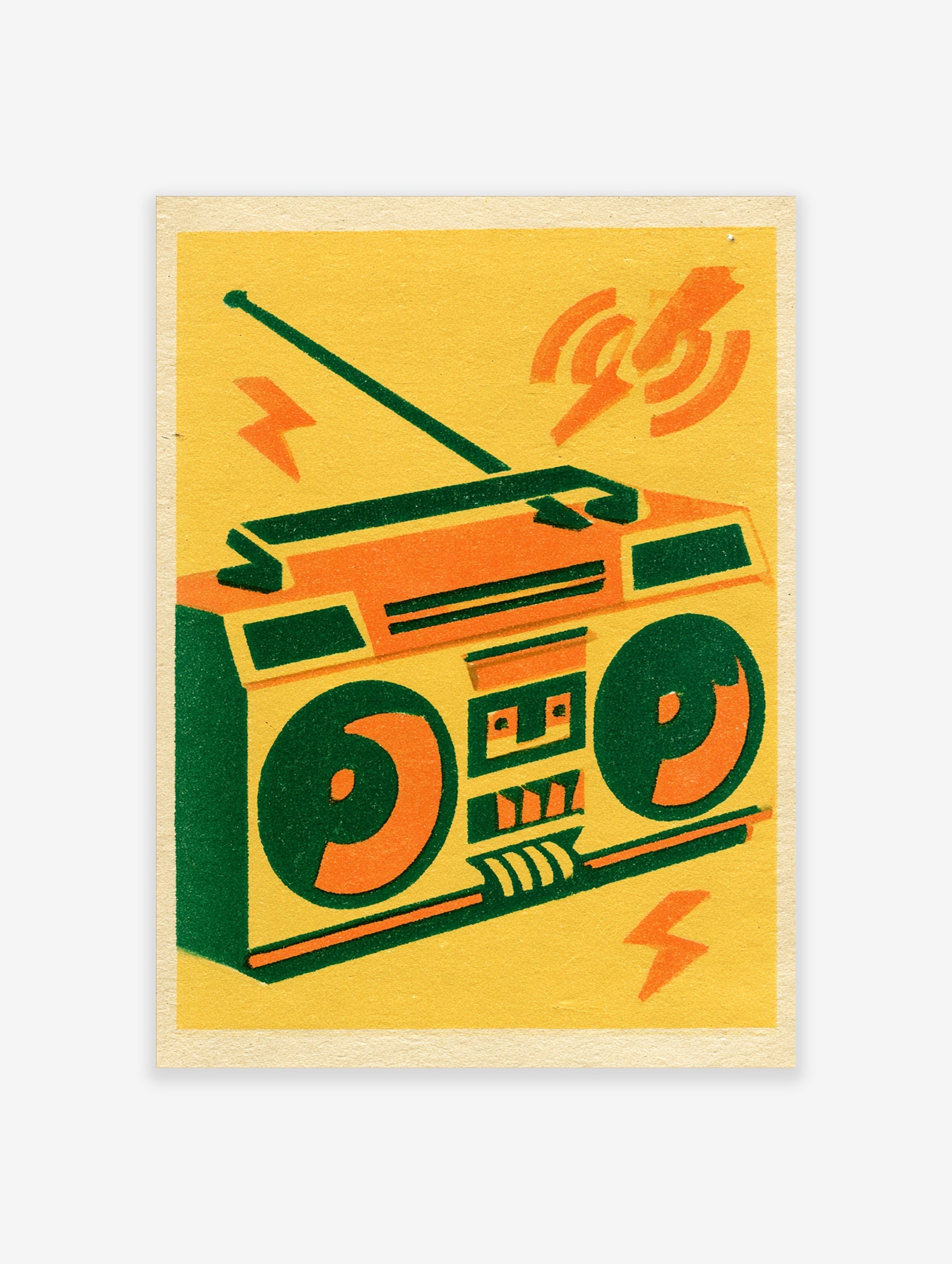 Retro boombox illustration with orange and green details on a yellow background, graphic music art print
