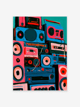 Retro boombox wall art with pink and blue speakers, cassette decks, and white cables on teal background