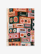 Colourful retro boombox wall art with stacked radios in pink, teal, and orange, featuring speakers and dials