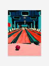 Bowling alley wall art with red lanes, teal pillars, and maroon ball in abstract style
