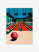 Retro bowling alley art print with pink ball, red lanes, teal walls, and black ceiling fixtures