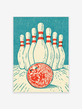 Retro bowling print with red patterned ball and white pins with red stripes on teal background