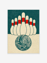Retro bowling print with ten red-striped pins and swirling teal ball on textured background