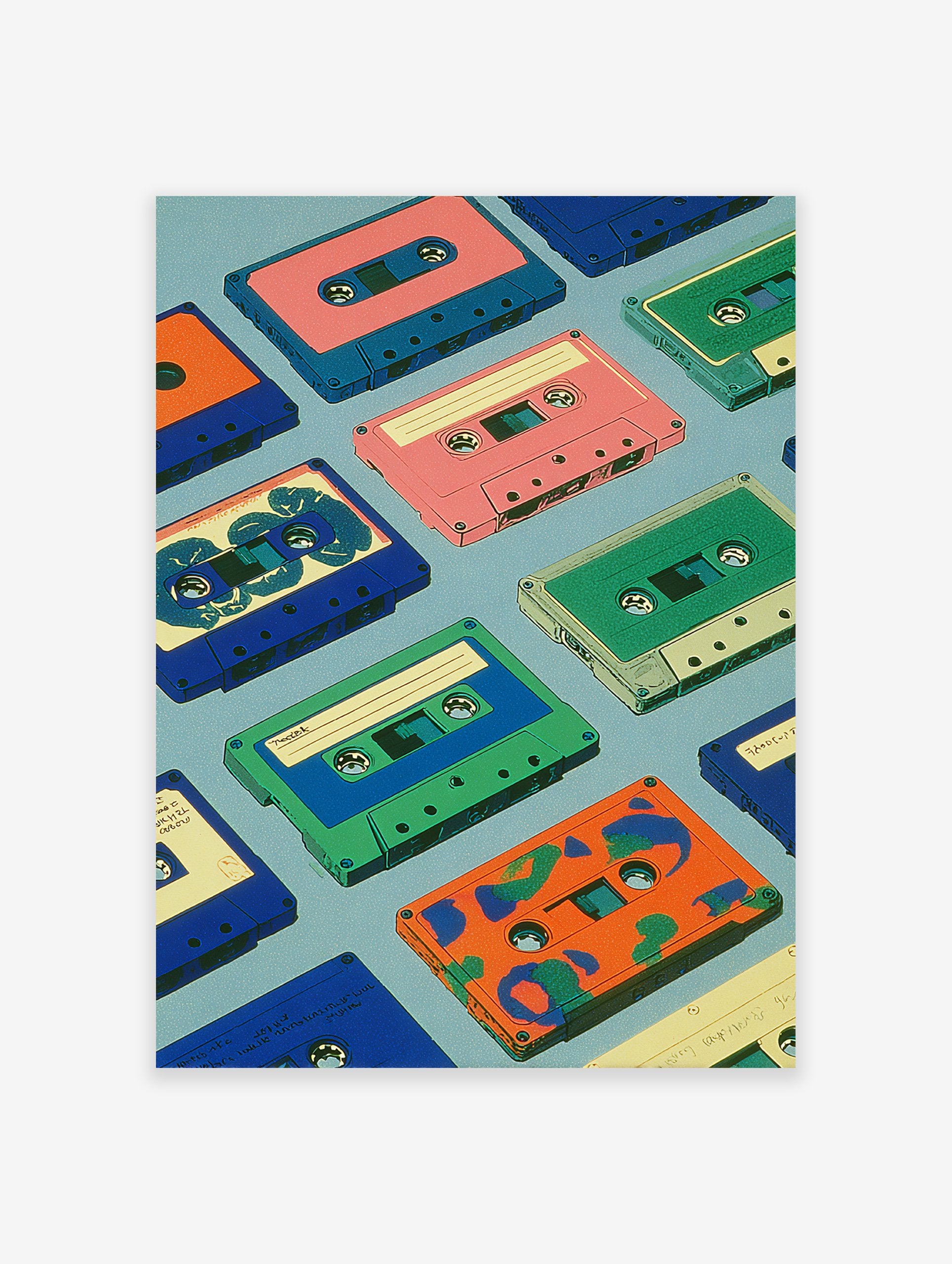 Colorful retro cassette tapes arranged in a pattern on a light blue background, vintage music illustration wall art print