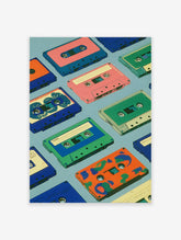Colorful retro cassette tapes arranged in a pattern on a light blue background, vintage music illustration wall art print