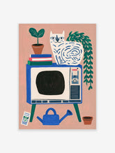 Retro cat and TV art print with blue watering can and hanging plant on pink background