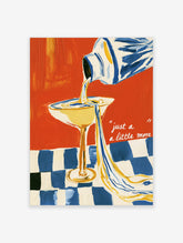 Retro cocktail poster of a blue bottle pouring drink into a glass on a checkerboard floor with text