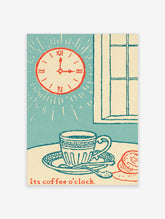 Retro coffee clock poster with red alarm clock, teal cup and saucer, and text its coffee o'clock