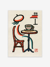 Retro coffee poster with striped cup on blue table, red chair and red lamp