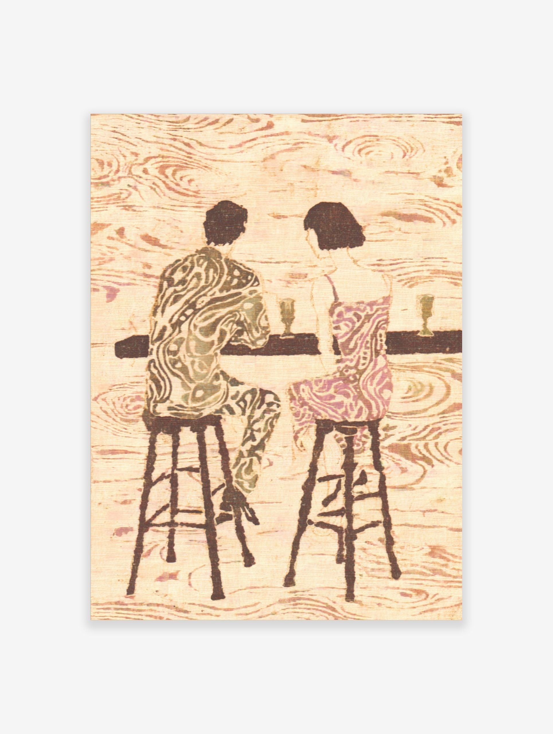 Retro illustrative art print of a couple with patterned clothes sitting at a bar with drinks, seen from behind