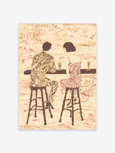 Retro illustrative art print of a couple with patterned clothes sitting at a bar with drinks, seen from behind
