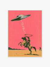 Retro sci-fi western poster of a cowboy on a rearing horse lassoing a UFO under a pink sky