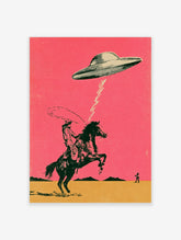 Retro cowboy on rearing horse lassoing a UFO with lightning bolt on pink desert art print