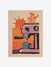 Illustrative retro espresso machine pouring coffee into a teal cup, orange and purple background
