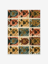 Retro fish wall art with teal, orange, mustard fish in grid, mid-century style, unframed paper print