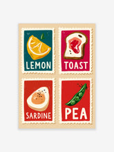 Retro food stamp poster with lemon, toast, sardine and pea illustrations on red and teal backgrounds