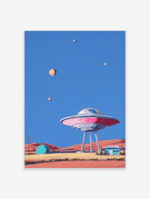 Retro futurist UFO art print of a pink flying saucer on tripod legs in a desert with blue sky