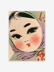 Retro illustration of a girl wearing a teal headscarf with blushed cheeks and red lips, vintage style wall art print